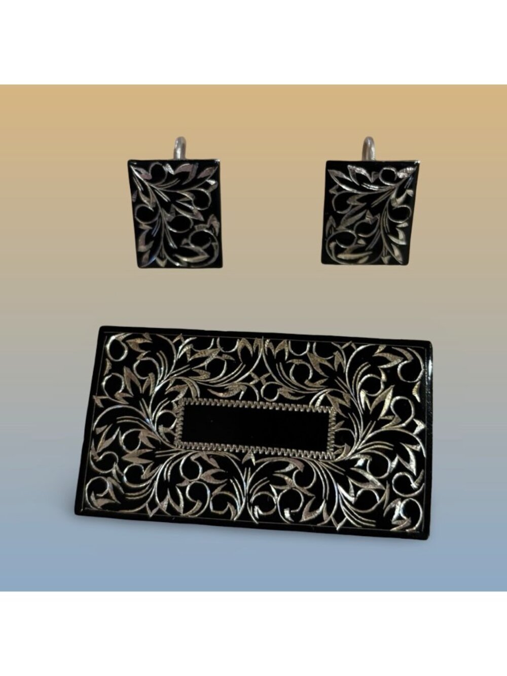Vintage Black & Silver Floral Brooch & Earrings Set Rectangular & Clip-On Design